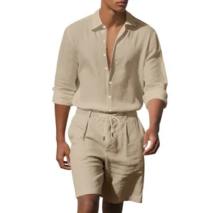 Men's beige linen set with long-sleeved shirt and drawstring shorts for summer beachwear