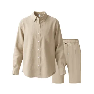 Professional studio shot of a men's loose linen long-sleeved shirt and casual shorts beach set