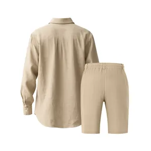 Back view of men's khaki linen shirt and casual shorts beach suit set