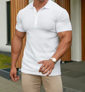 Close-up detail of a white ribbed short-sleeve polo shirt designed for men's fitness