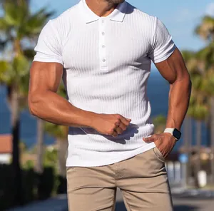 White ribbed slim fit polo shirt for men featuring short sleeves and a classic collar