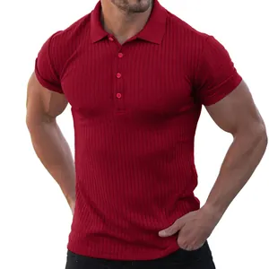 Detail of men's red ribbed polo shirt with short sleeves and buttoned collar in slim fit
