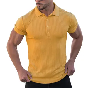 Close-up detail of yellow ribbed short-sleeve polo shirt for men featuring stretch texture