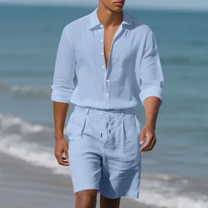 Men's casual light blue linen long-sleeved shirt and matching shorts beach outfit