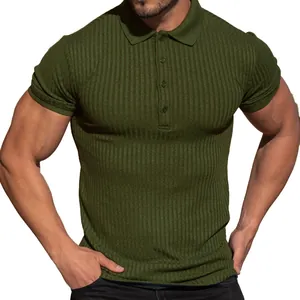 Close-up detail of olive green ribbed slim-fit men's fitness polo shirt.
