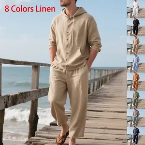 Hombre Americano Suelto Lino Manga Larga Camisa Con Capucha Y Pantalones Top And Bottom Casual Playa Vacaciones Color Sólido Ropa