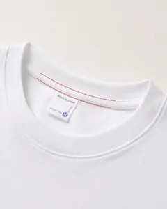 Close-up detail of the durable double-layer ribbed crew neck on a premium white cotton T-shirt.