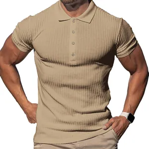 Close-up of men's slim fit ribbed knit polo shirt featuring a classic four-button placket.