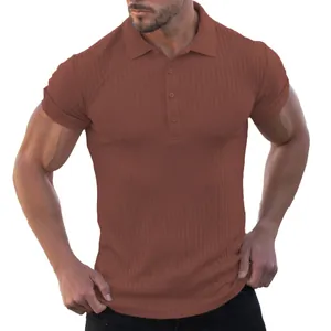 Macro view of men's slim fit ribbed short sleeve polo shirt in brownish red texture