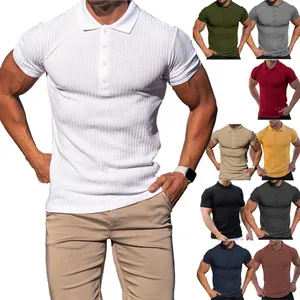 Men's Slim Fit Ribbed Polo Shirt Short Sleeve Casual Sport T-Shirt Solid Color Lapel Neck Muscle Top For Gym Fitness Daily Wear