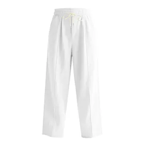 Breathable men's white linen wide-leg trousers featuring an elastic drawstring waistband