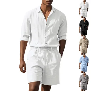 Men's minimalist linen long sleeve shirt and shorts set shown in multiple colors for beach