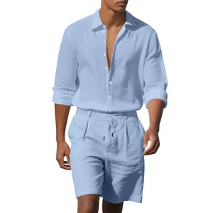 Men's light blue linen 2-piece set featuring long-sleeve shirt and drawstring shorts