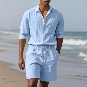 Comfortable men's light blue linen set featuring a long sleeve shirt and matching shorts