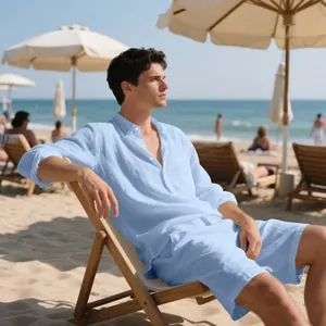 Men's light blue linen beach set featuring a long-sleeved shirt and relaxed shorts