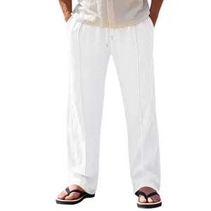 Macro view of men's white breathable linen wide-leg casual pants with drawstring waist.