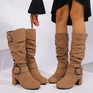 Women's Slouchy Slouch Mid-Calf Boots Flock Chunky High Heel Round Toe Side Zipper Belt Buckle Western Style Winter Boots