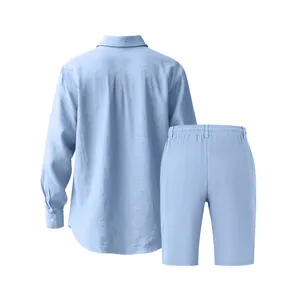 Back view of a men's light blue linen set with long-sleeved shirt and shorts