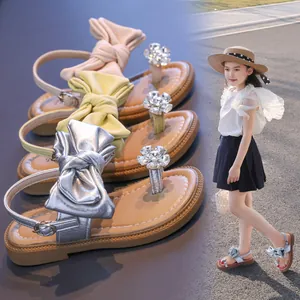 Girls Princess Sandals Summer Korean Style Bow Rhinestone Open Toe Flat Shoes For Kids Silver Pink Yellow