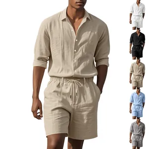 Men's two-piece linen shirt and shorts set available in multiple casual colors