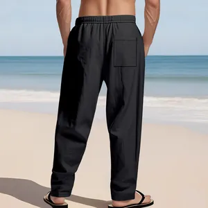 Men's breathable black linen casual pants in a loose straight-leg fit for summer beach wear