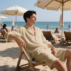 Male model relaxing on a beach wearing a beige linen long-sleeve shirt and shorts set.