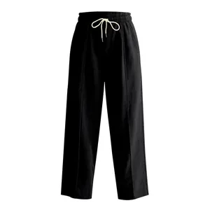 Men's breathable black linen wide-leg pants with casual drawstring waist design.
