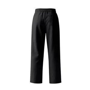 Back detail of men's black linen wide-leg trousers showing elastic waist and pocket.