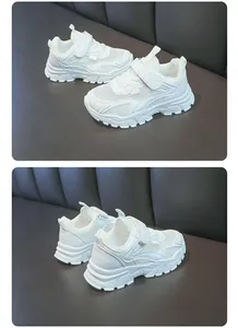Detailansichten weißer, atmungsaktiver Kinder-Sneaker mit Klettverschluss-Riemen
