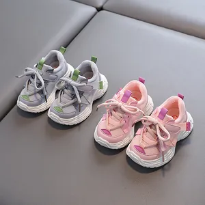 Breathable mesh sneakers for toddlers in grey and pink with non-slip chunky soles