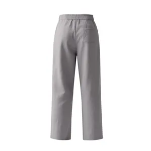 Detailed back view of men's loose linen breathable straight leg casual pants in grey