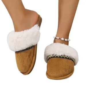 Warm women's brown faux fur slippers with thick soles and ethnic embroidery accents