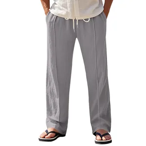 Front view of men's breathable loose grey linen wide-leg casual pants with drawstring