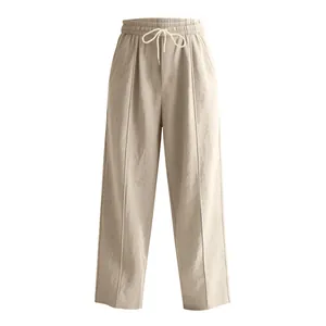 Detailed front view of men's breathable linen wide-leg drawstring trousers in khaki