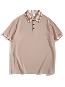 Detail of a beige men's polo shirt featuring a plaid collar and three-button placket
