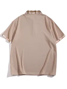 Rear view of a men's breathable khaki polo shirt with plaid collar and sleeve trim details