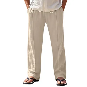 Close-up view of men's breathable linen casual trousers with a drawstring waist design