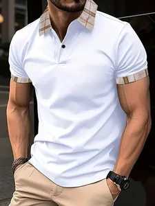 Detail of a men's white breathable polo shirt featuring a stylish plaid collar and cuffs.