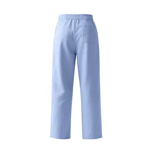 Back view of light blue linen wide-leg trousers for men with a single rear pocket