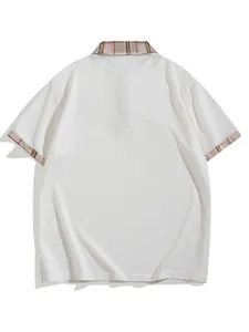 Back view of a men's summer white breathable Polo shirt with stylish plaid collar trim