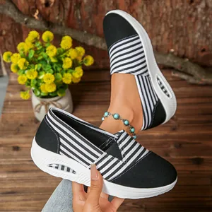 Stylish black and white striped canvas rocking shoes with comfortable thick platform sole