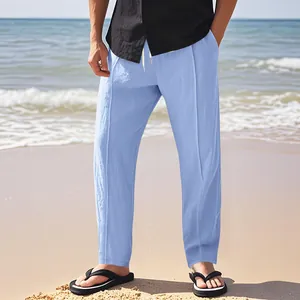 Men's loose light blue breathable linen trousers for summer beach vacation outfit