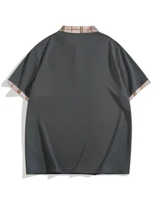 Back view of a grey breathable mesh outdoor polo shirt featuring a plaid collar detail