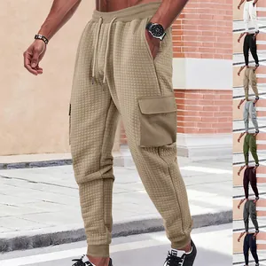 Men Heavyweight Waffle Jacquard Cargo Pants Loose Knitted Jogger Sweatpants With Drawstring Multi-Pocket Casual Outdoor Bottoms