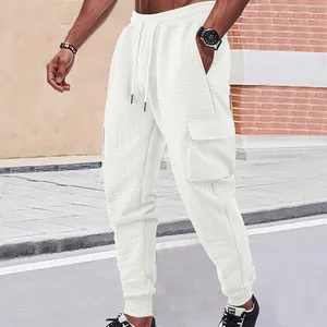 Men's heavyweight white jacquard cargo joggers with drawstring waist and pockets