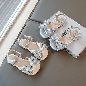 Sandales Princesse à Nœud en Strass pour Filles Bout Carré Chaussures de Plage d'Été en PU Argent Blanc