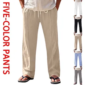 Men Casual Linen Pants Breathable Wide Leg Drawstring Trousers Loose Straight Summer Beach Long Pants Bottom