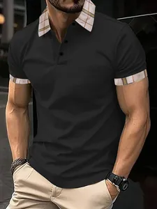 Detailed shot of men's black polo shirt featuring a stylish plaid collar and cuffs.