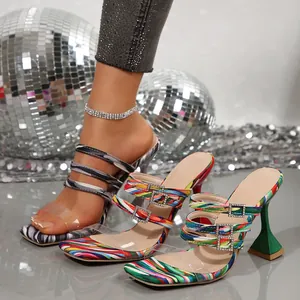 Sandales à Talons Hauts pour Femmes Mode Bout Carré Mules à Imprimé Strass Talon Sculptural Cuir PU PVC Chaussures de Fête