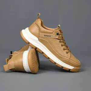 Sneaker da uomo in pelle kaki con fori traspiranti e suola spessa in schiuma leggera